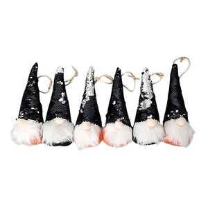 Halloween Black Orange Sequin Gnome Plush Ornaments Reversible 8" Set Of 6 NEW